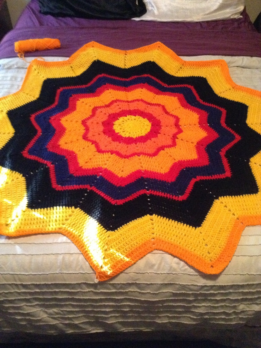 Handmade Starburst Crochet Throw Blanket in Yellow, Black, Red, and Orange
